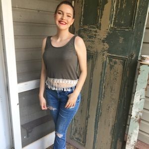 Cropped Army Green Tank Top with White Fringe